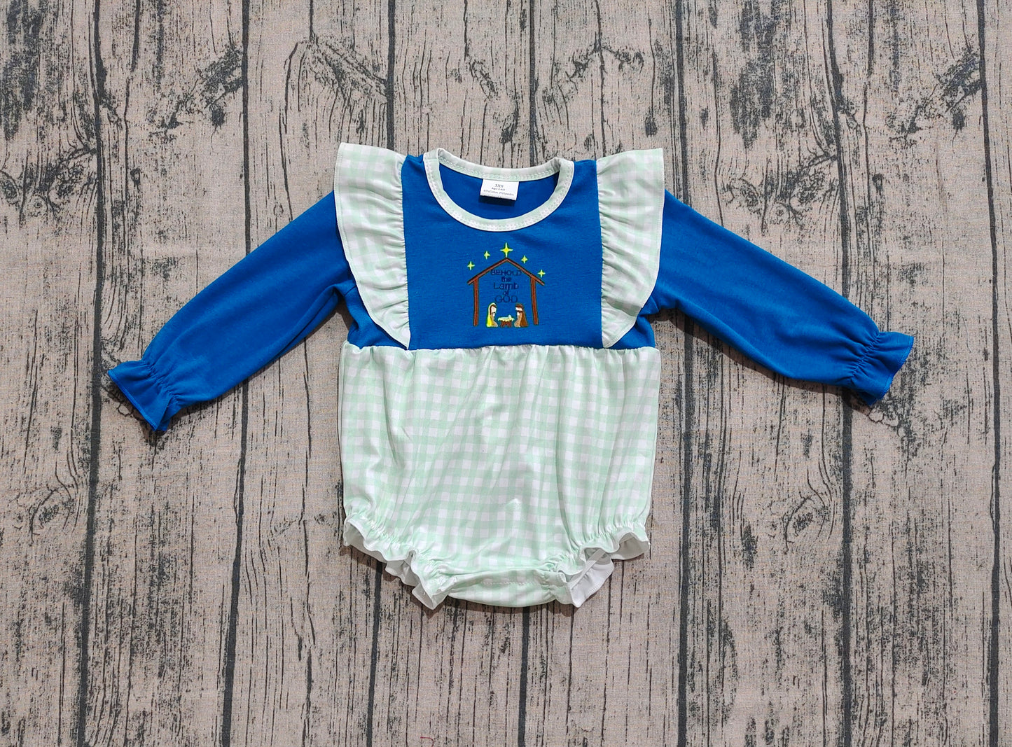 Preorder Baby Girl Infant Long Sleeves Embroidery Nativity Plaid Christmas Bubble Romper（ No moq ）