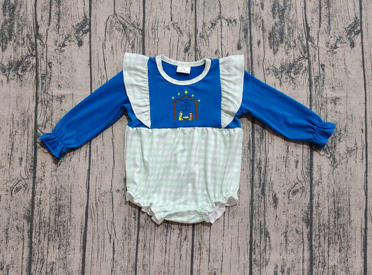 Preorder Baby Girl Infant Long Sleeves Embroidery Nativity Plaid Christmas Bubble Romper（ No moq ）