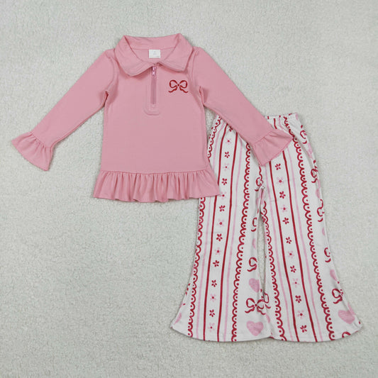 Baby Girls Kids Embroidery Bow Zipper Shirt Hearts Flower Pants Valentine's Day Pink Set