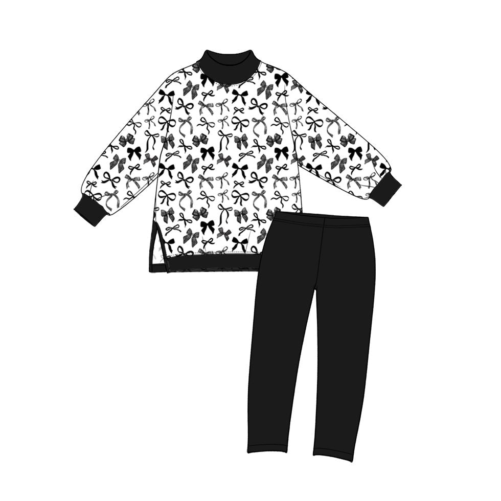 ( Moq 5 ) Preorder Baby Girls Toddler Long Sleeves Bows Shirt Black Leggings Yoga Active Set Mock Neck‌ Clothes