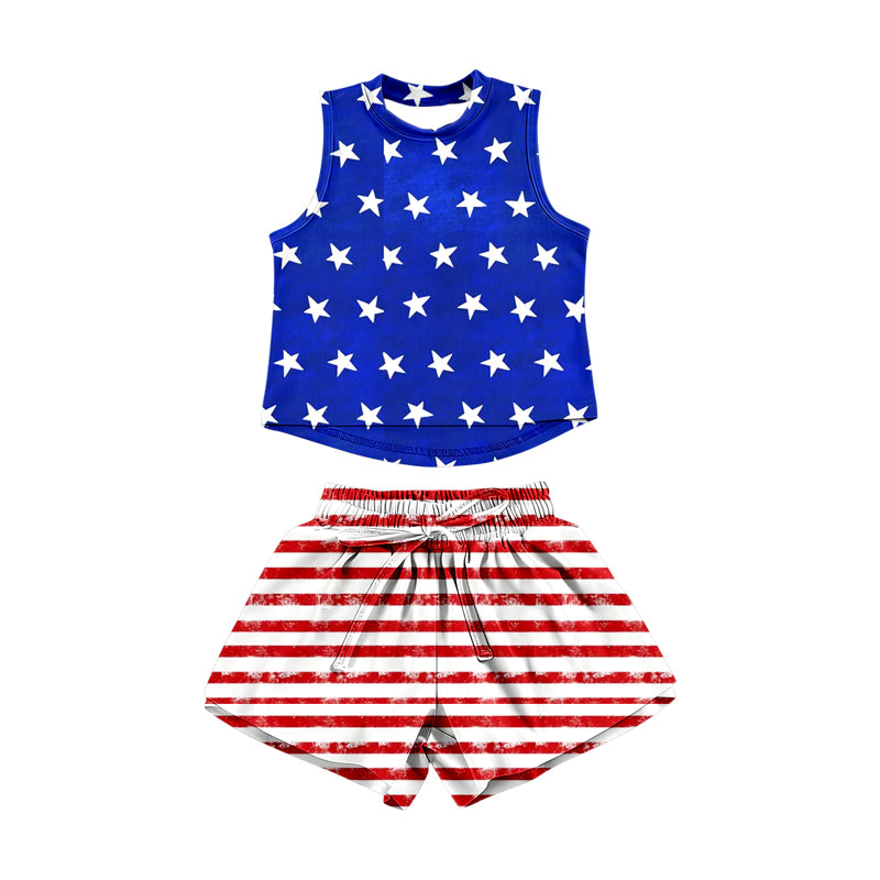 ( Moq 5 ) Preorder Baby Girls Kids Sleeveless Stars Stripes Tops Shorts Set 4th of July Clothes