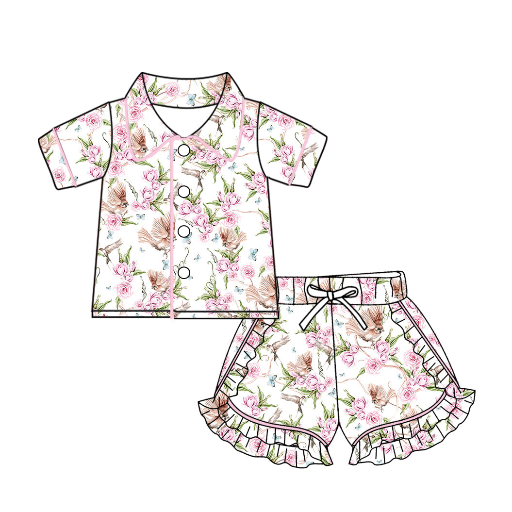 Baby Girl Short Sleeves Buttons Short Summer Bird Flower Pajamas Clothes Set Moq 5