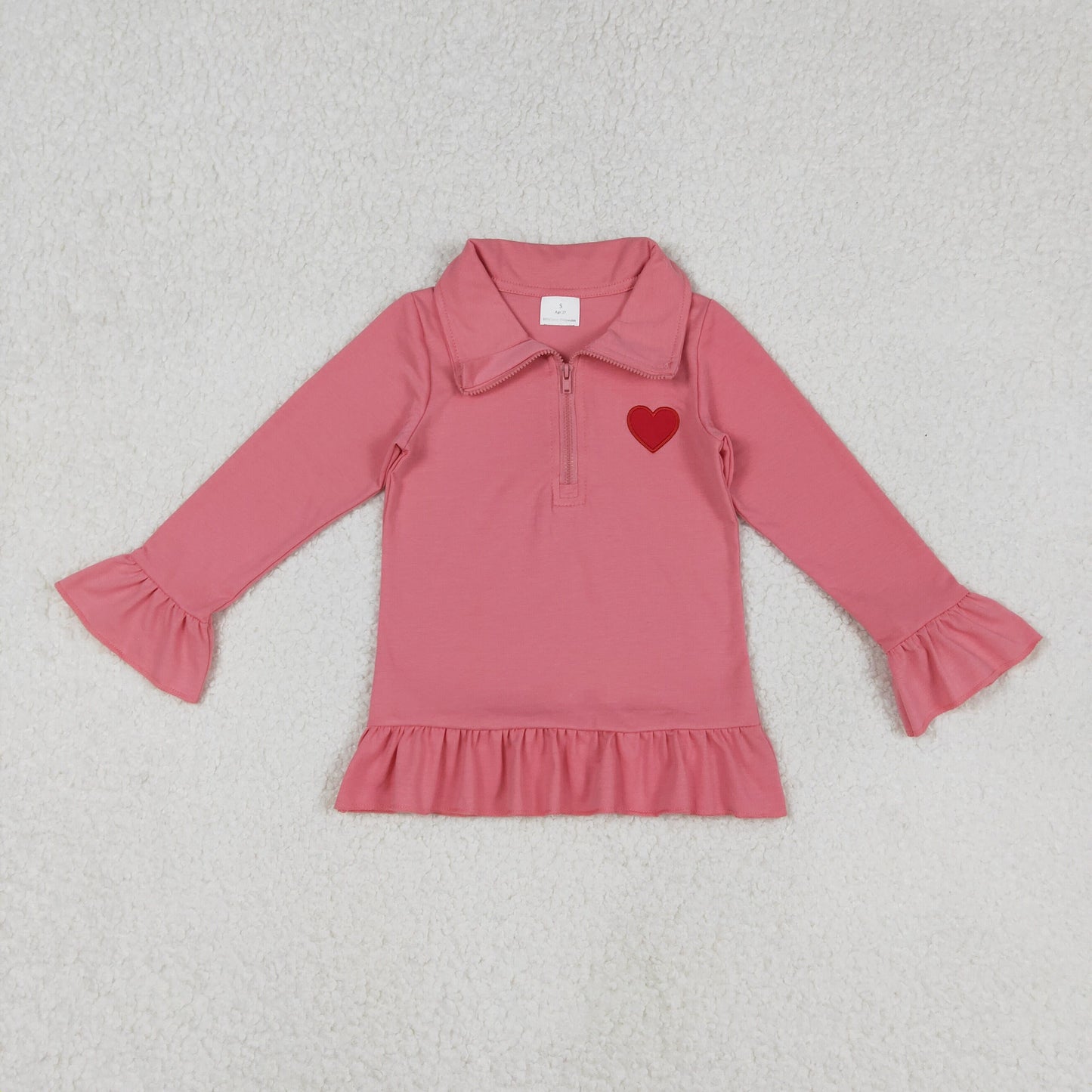 Baby Girls Kids Pink Long Sleeves Embroidery Heart Zipper Shirt Valentine's Day Tops RTS
