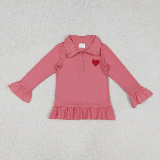 Baby Girls Kids Pink Long Sleeves Embroidery Heart Zipper Shirt Valentine's Day Tops RTS