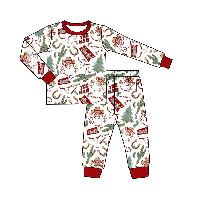 Baby Boy Christmas Santa Cactus Western Top Pants Pajamas Set