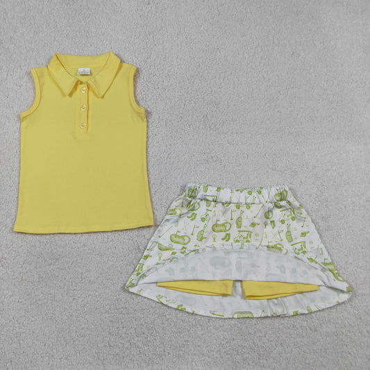 Baby Girls Kids Sleeveless Yellow Buttons Shirt Golf Skirt Summer Clothes Set RTS