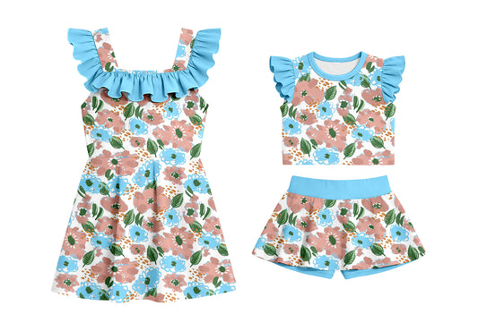 ( Moq 5 Each Style ) Baby Girls Kids Blue Short Sleeves Flower Sibling Summer Ruffle Dress Set