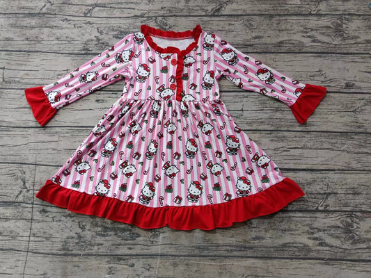 Baby Girl Long Sleeves Christmas Cat Ruffle Dress