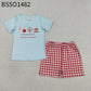 Sibling Baby Boys Kids Short Sleeves Blue Shirt Red Plaid Shorts Set Bubble Romper RTS