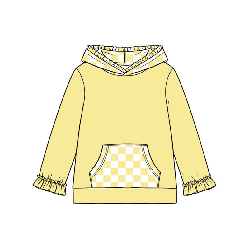 ( Moq 5 ) Preorder Baby Girls Kids Yellow Hoodie Checked Pocket Pullover Tops Clothes