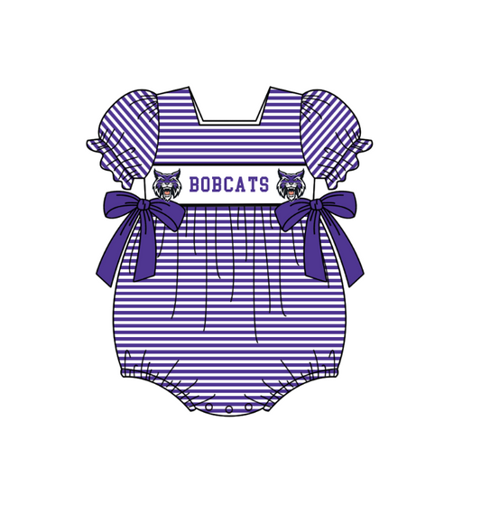 ( Moq 5 ) Baby Girls Kids Short Sleeves Purple Stripes Purple Bows Team Romper