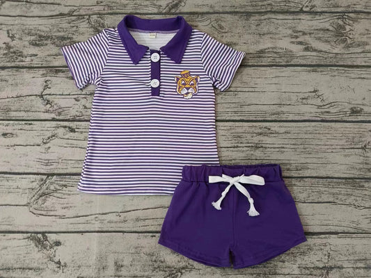 Moq 5 Baby Boy Short Sleeves Tiger Stripes Shirt Purple Shorts Team Set