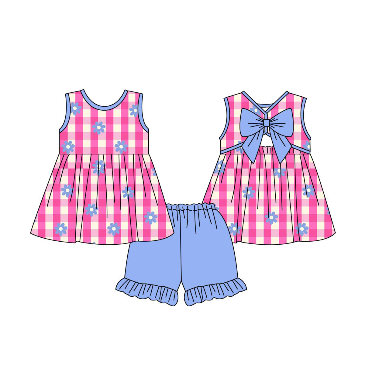 ( Moq 5 ) Preorder Baby Girl Kids Sleeveless Pink Plaid Flower Tunic Shorts Set Summer Clothes
