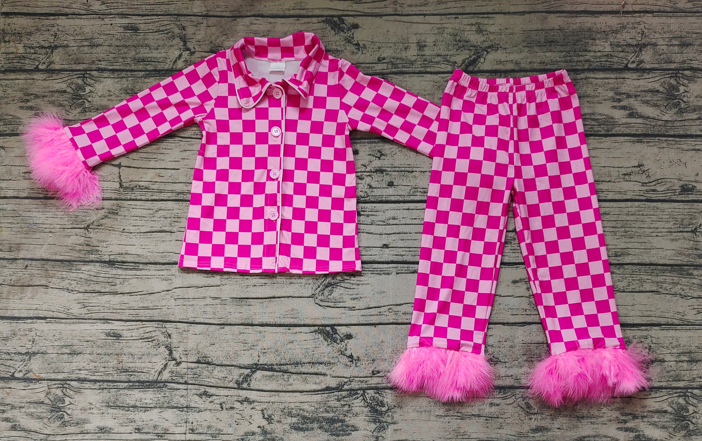 Baby Girl Long Sleeves Pink Checkered Buttons Shirt Pants Fur Pajamas Set