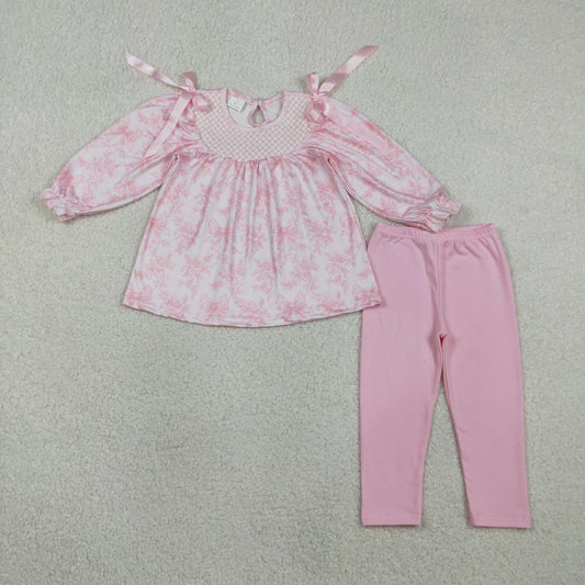 Baby Girls Kids Long Sleeves Embroidery Smocked Flower Bows Tunic Pink Legging Pants Clothes Set