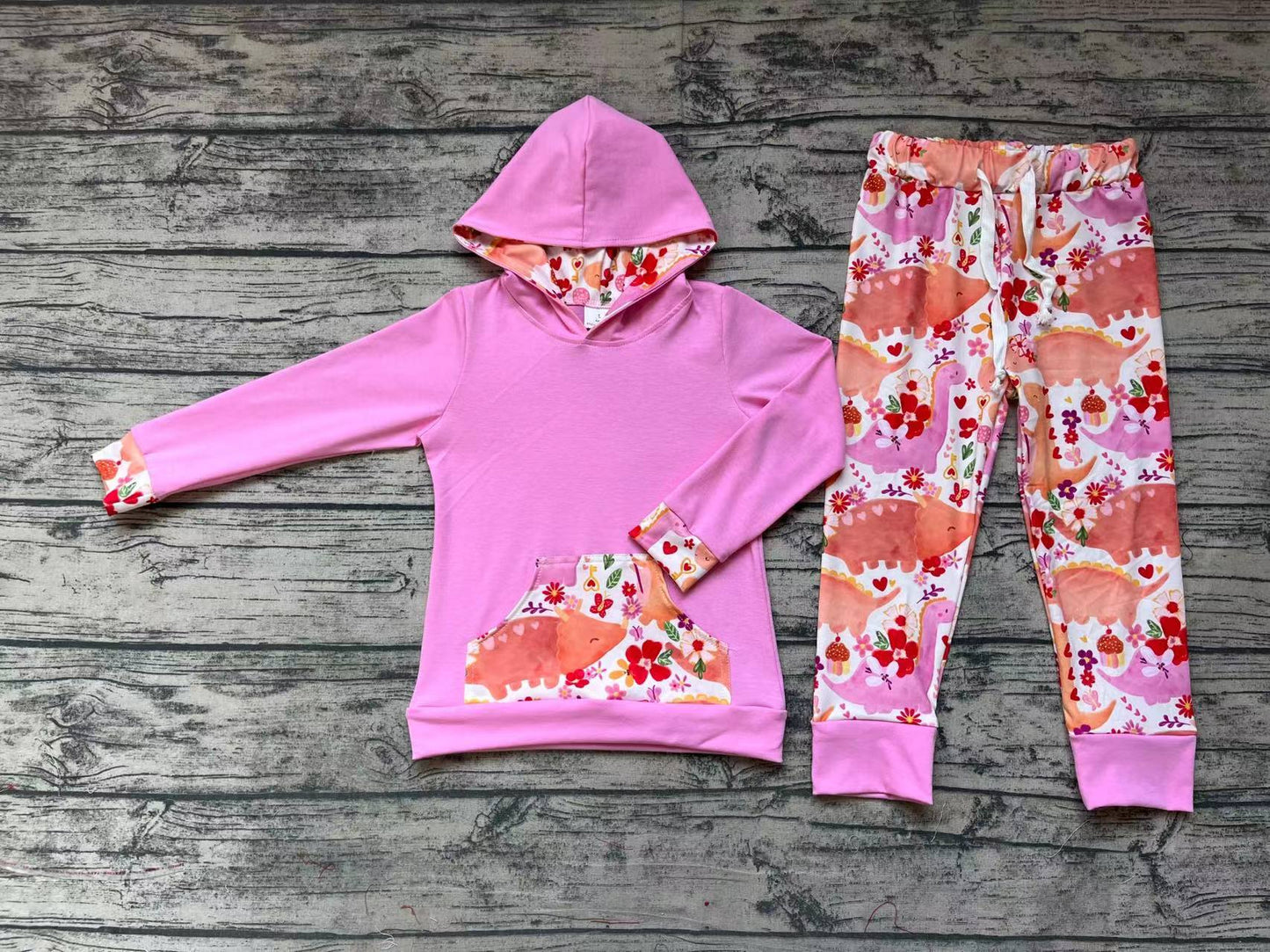 No moq Pre-order GLP0865 Baby Girl Valentine's Dinosaurs Hoodie Shirt Floral Pants Set