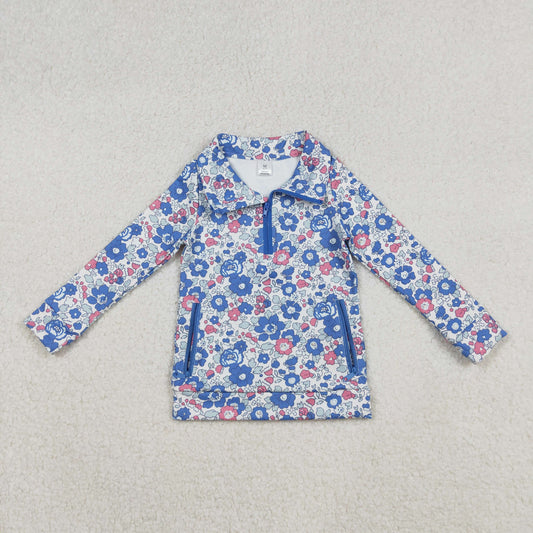 Girls Kids Long Sleeves Flower Shirt Zipper Pockets Yoga Active Tops RTS