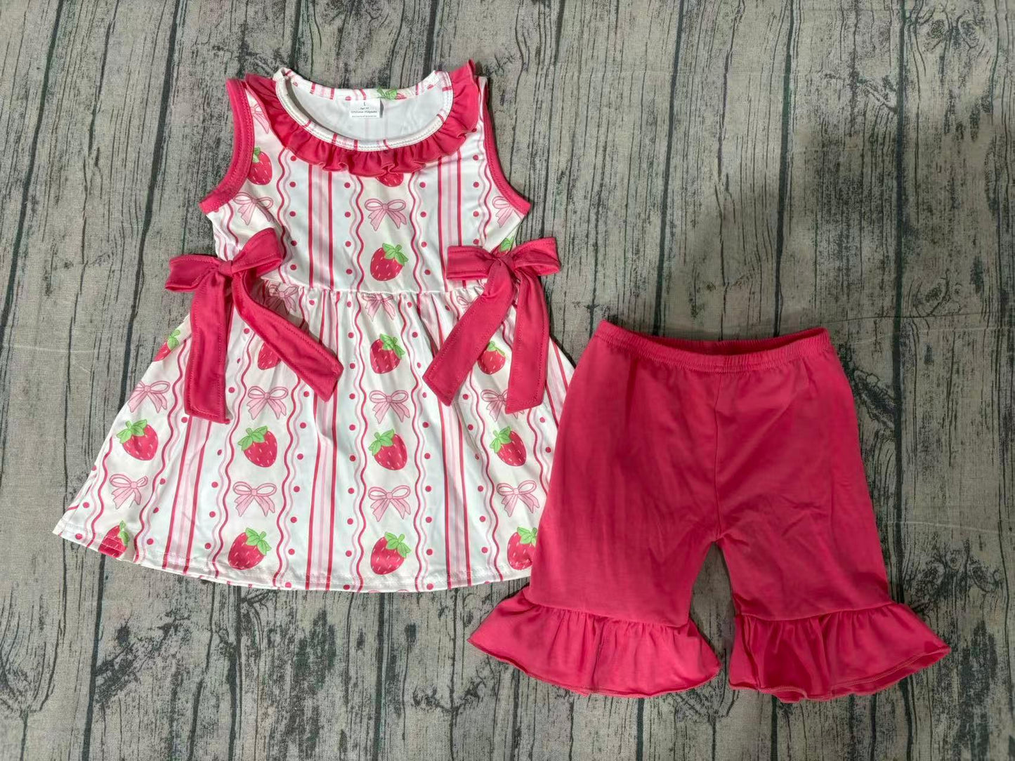 ( No moq ) Preorder Baby Girls Kids Sleeveless Strawberry Bows Tunic Pink Shorts Summer Set