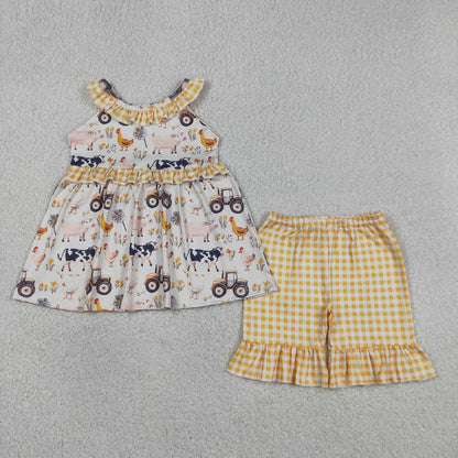 Sibling Baby Girls Kids Farm Animals Tractors Tops Shorts Set Dress Romper Summer Clothes RTS