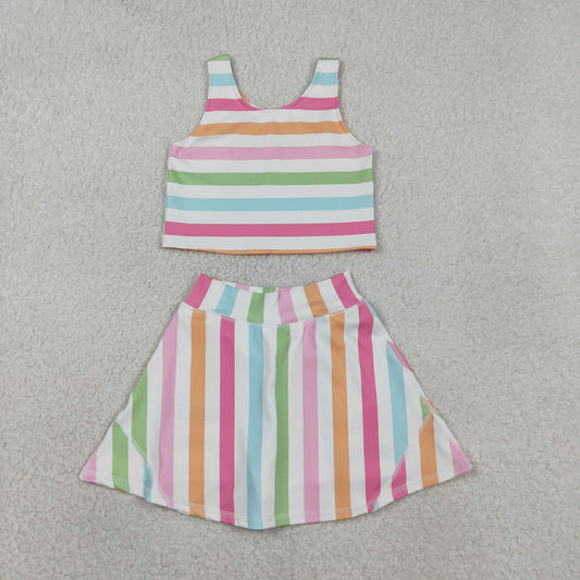 Baby Girls Kids Sleeveless Colorful Stripes Shirt Shorts Skirt Skort Yoga Active Clothes Set RTS