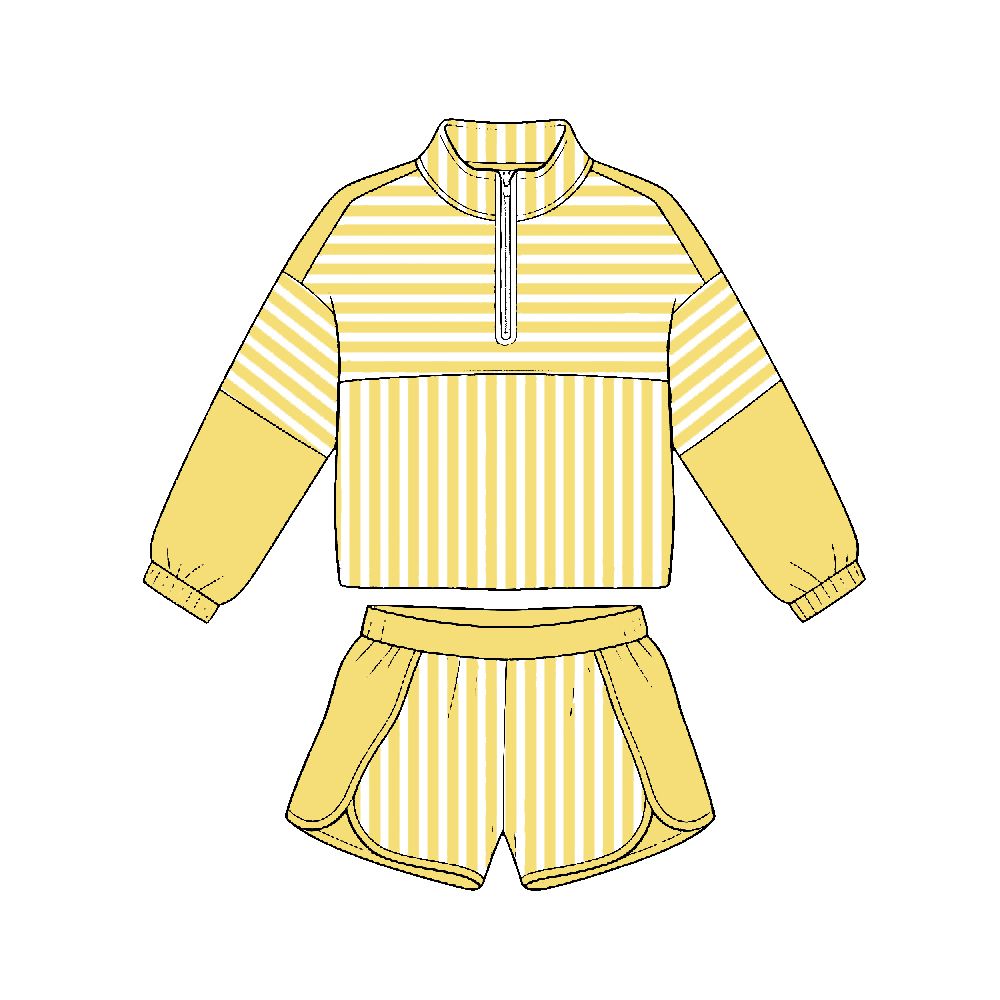 ( Moq 5 ) Preorder Baby Girls Kids Long Sleeves Yellow Stripes Zipper Shirt Shorts Set Yoga Active Clothes