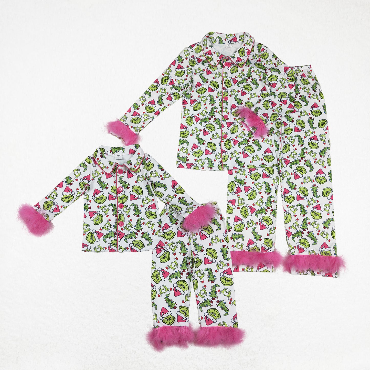 Sibling Girls Kids Adult Women Green Face Buttons Fur Shirt Pants Mom and Me Christmas Pajamas Set RTS