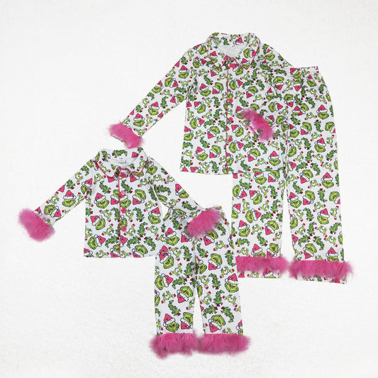Sibling Girls Kids Adult Women Green Face Buttons Fur Shirt Pants Mom and Me Christmas Pajamas Set RTS