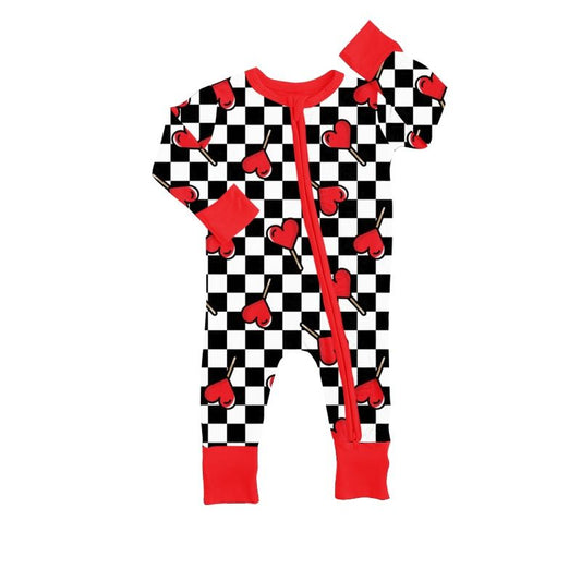 Moq 3 Pre-order LR0856 Baby Girl Valentine's Hearts Checkered Zipper One Piece Romper