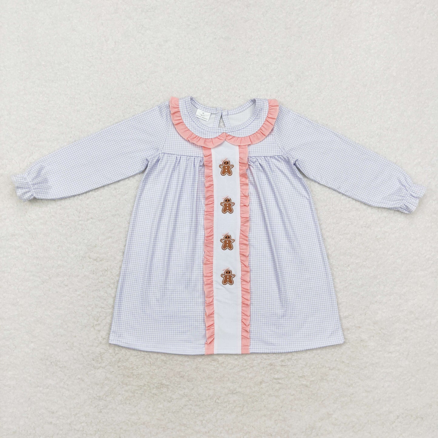 Baby Girl Long Sleeves Checkered Embroidery Gingerbread Dress