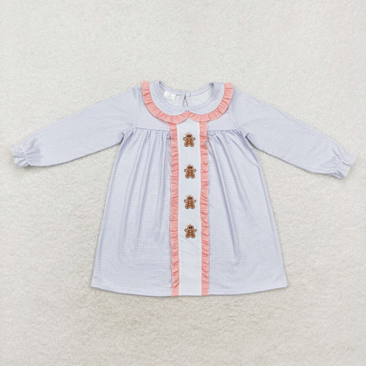 Baby Girl Long Sleeves Checkered Embroidery Gingerbread Dress