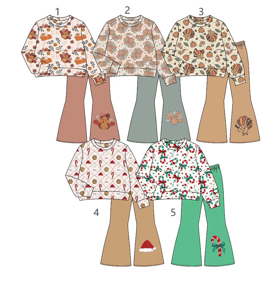 ( Moq 5 Each Style ) Sibling Baby Boys Kids Long Sleeves Shirts Bell Pants Thanksgiving Sets Christmas Clothes