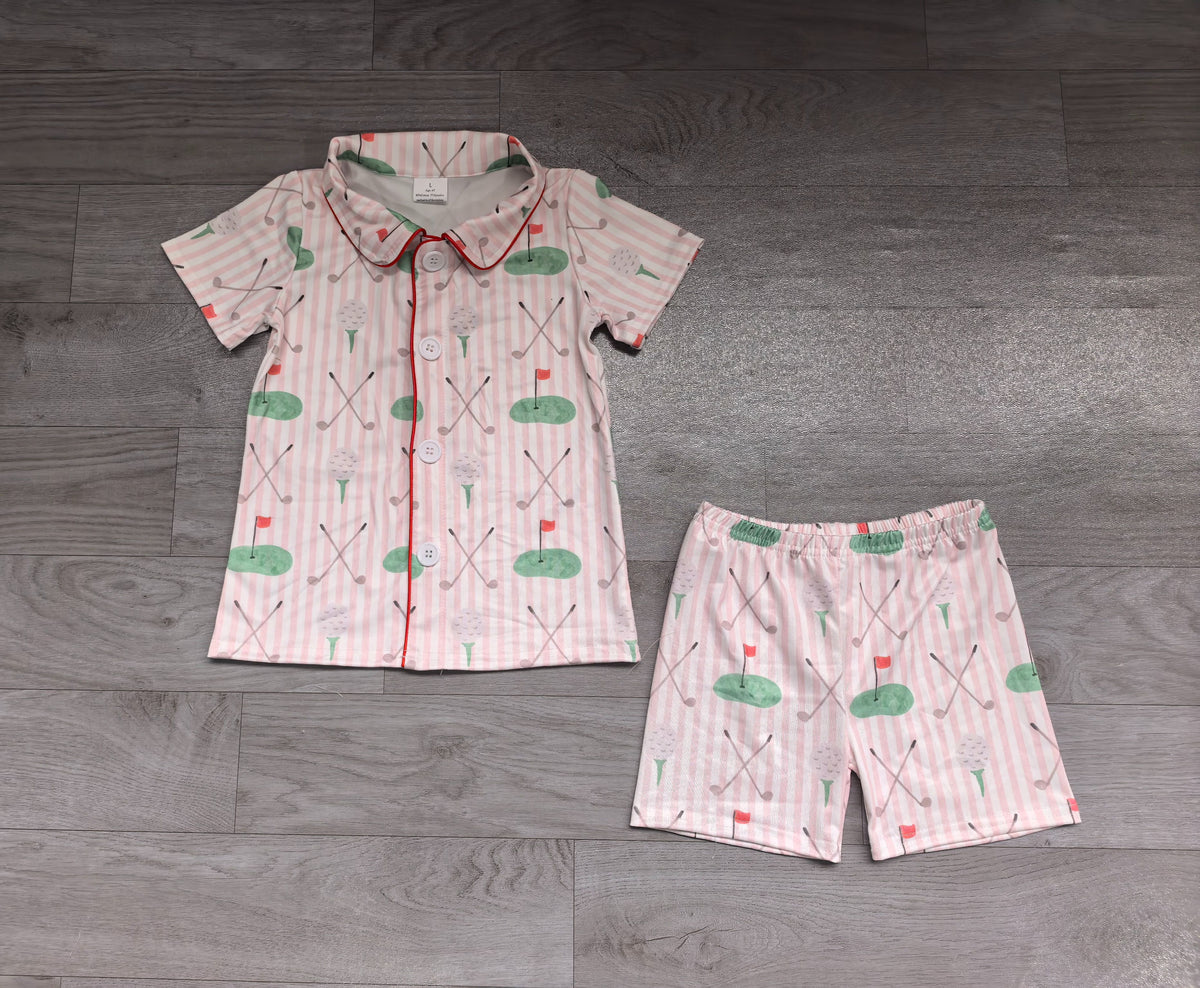 ( No moq ) Preorder Baby Girls Kids Short Sleeves Golf Stripes Buttons Shirt Shorts Set Pajamas Clothes
