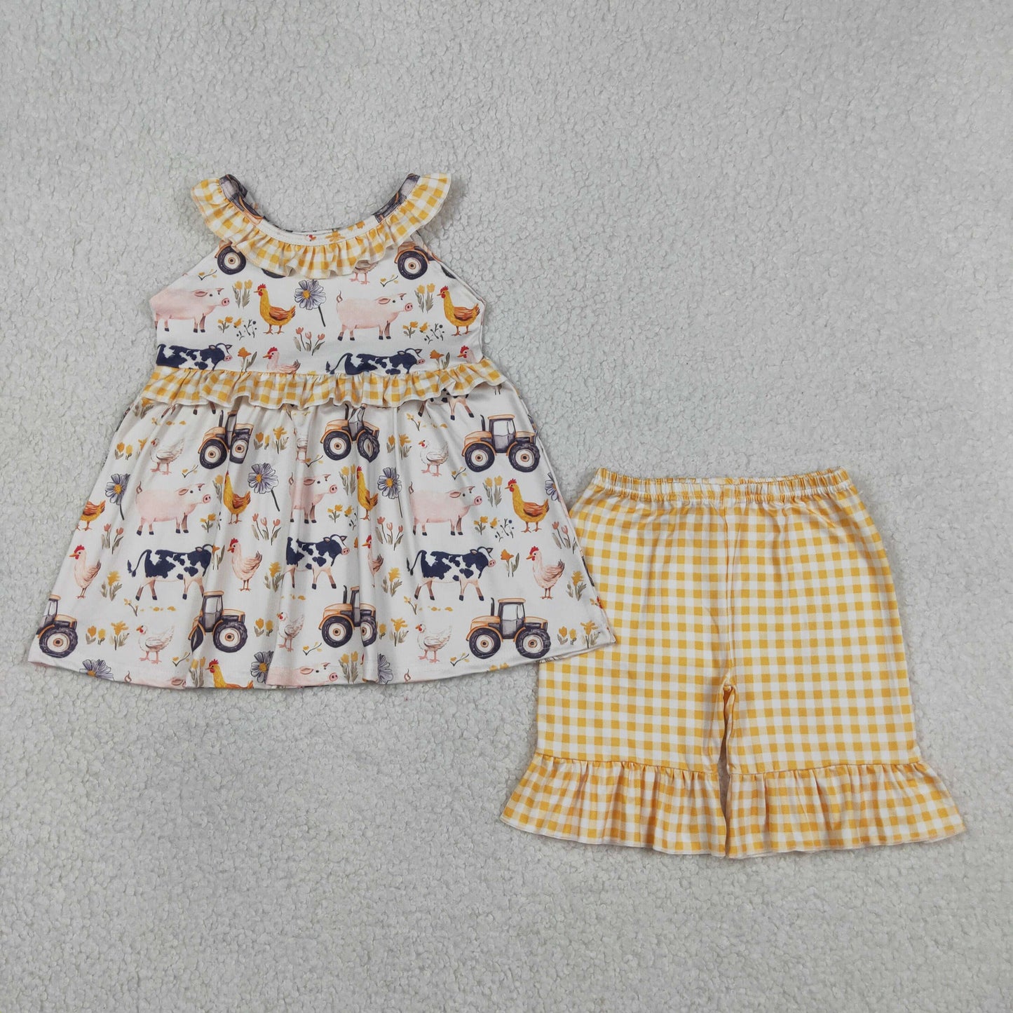 Sibling Baby Girls Kids Farm Animals Flower Ruffle Tops Plaid Shorts Summer Clothes Sets RTS