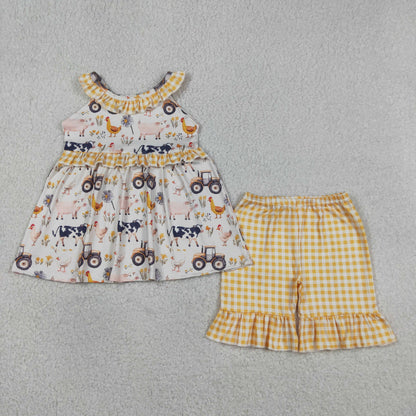 Sibling Baby Girls Kids Farm Animals Flower Ruffle Tops Plaid Shorts Summer Clothes Sets RTS