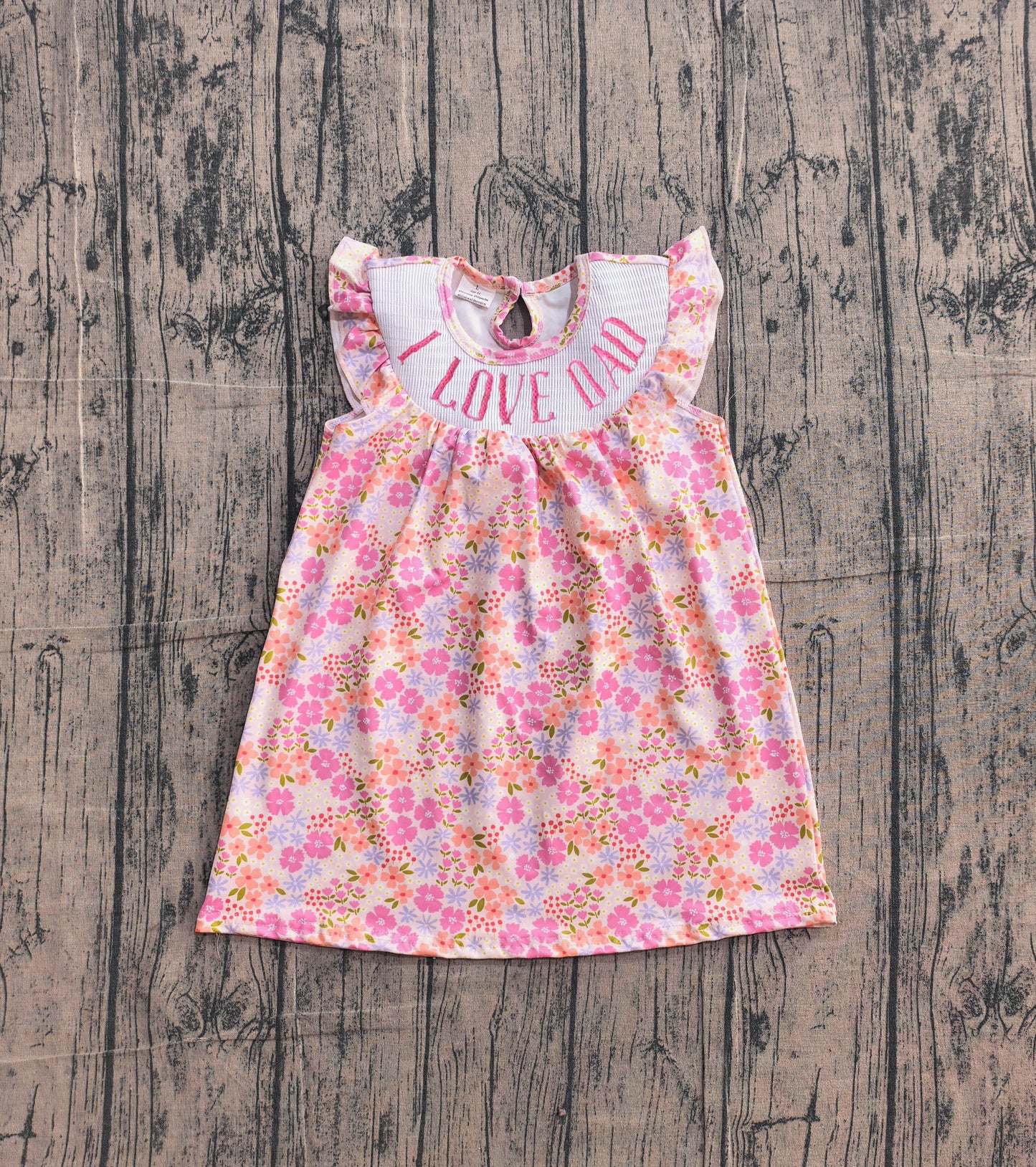 ( No moq )  Preorder Baby Girls Kids Bows Short Sleeves Embroidery I Love Dad Flower Smocked Dress