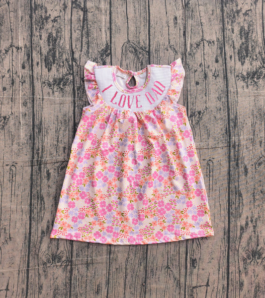( No moq )  Preorder Baby Girls Kids Bows Short Sleeves Embroidery I Love Dad Flower Smocked Dress