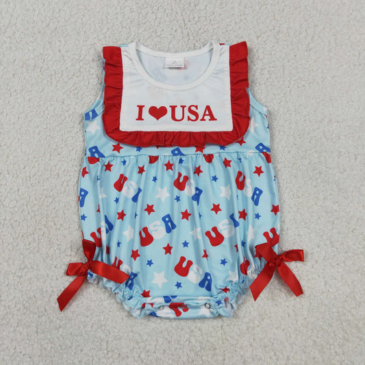 Baby Girls Infant Sleeveless I Love USA 4th of July Bows Romper Clothes RTS