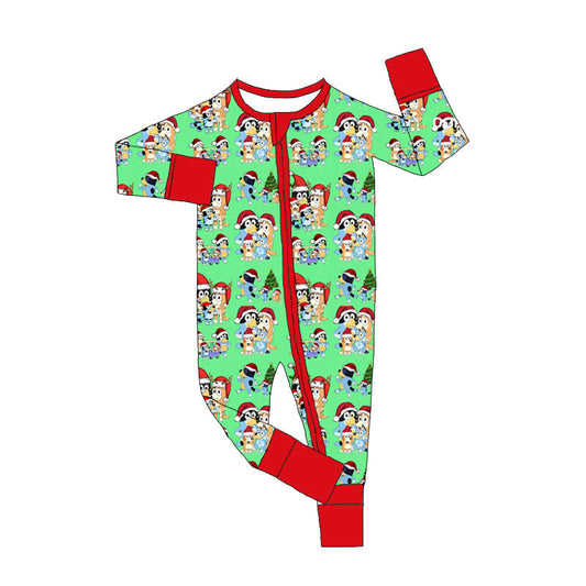 Baby Boy Christmas Dogs Zipper Green Romper