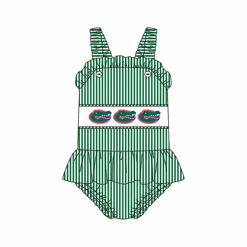 ( Moq 5 ) Baby Girls Kids Sleeveless Green Stripes Team Ruffle Bubble Romper