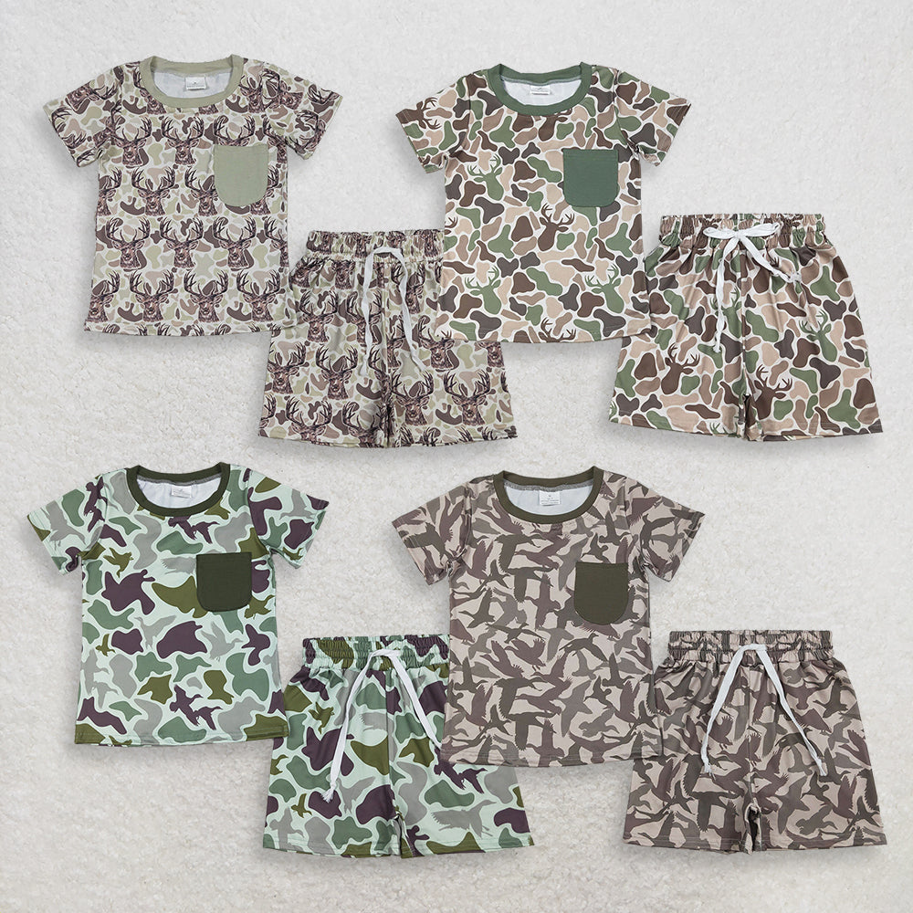 Sibling Baby Boys Kids Short Sleeves Deer Ducks Deer Shirts Camo Pockets Shorts Sets Hunting Clothes RTS