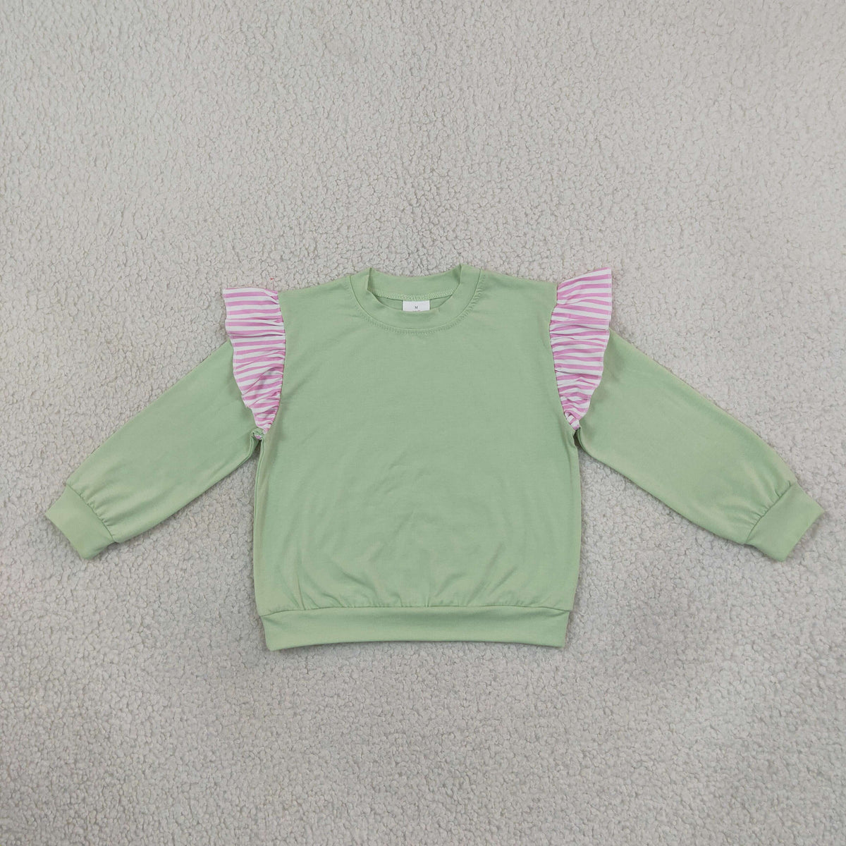 Baby Girls Toddler Stripes Ruffle Long Sleeves Green Shirt Cotton Clothes RTS