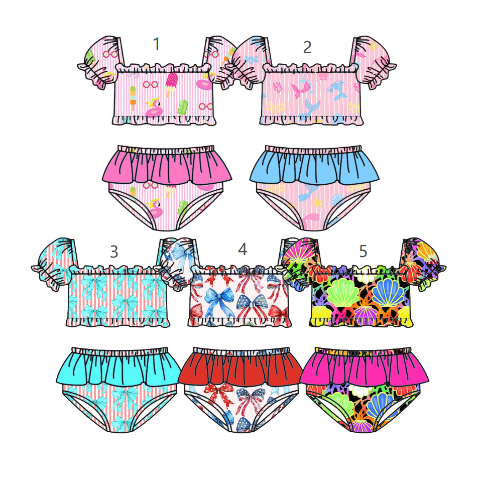 ( Moq 5 Each Style ) Sibling Baby Girls Kids Short Sleeves Tops Ruffle Shorts Sets Summer Swimsuits