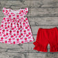 Baby Girl Short Sleeves Strawberry Bows Hearts Tunic Ruffle Red Shorts Clothes Set RTS