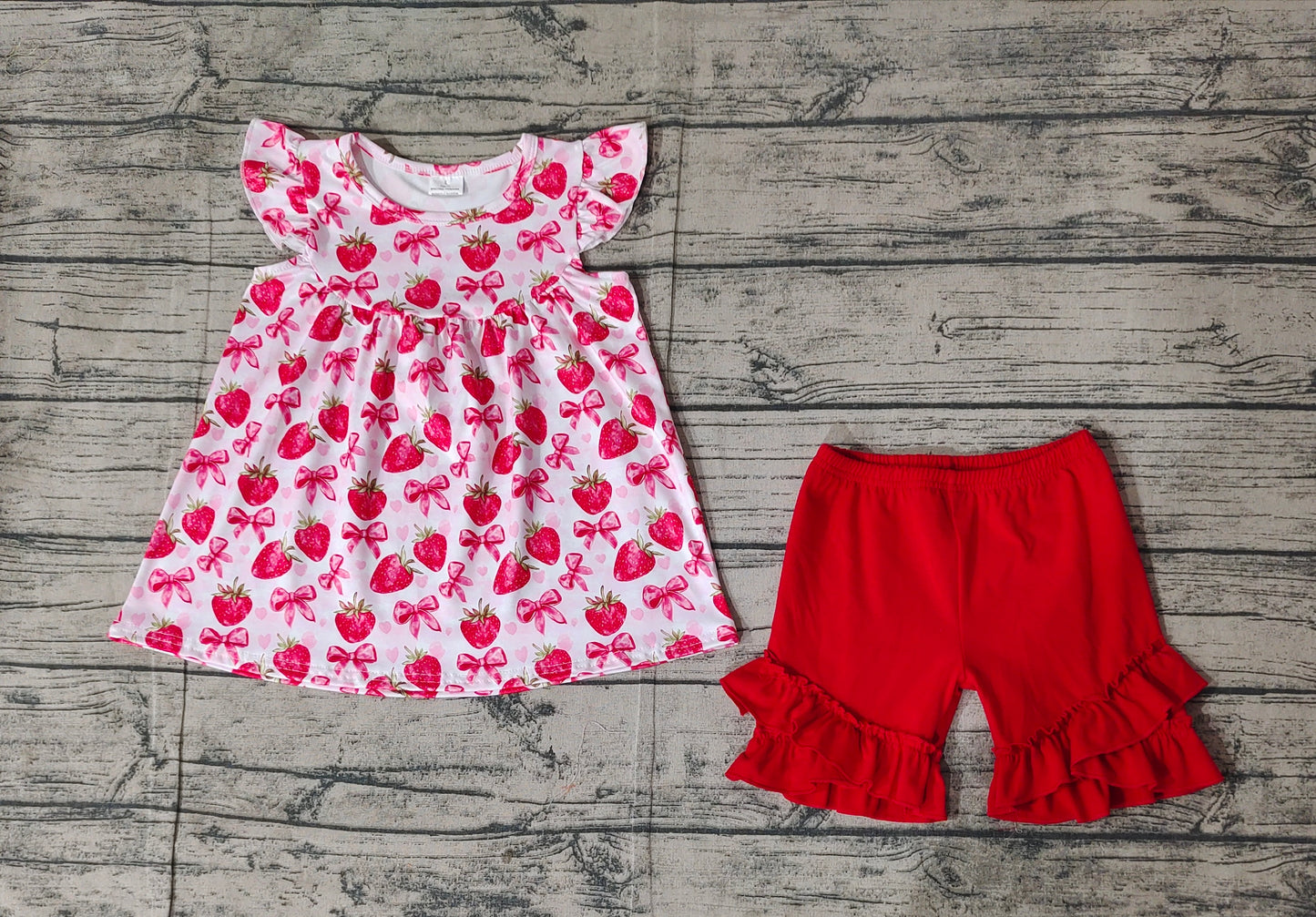 Baby Girl Short Sleeves Strawberry Bows Hearts Tunic Ruffle Red Shorts Clothes Set RTS