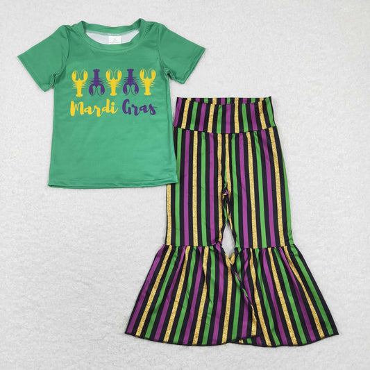 GSPO1391 Mardi Gras Baby Girl Green Short Sleeves Grawfish Shirt Stripes Bell Pants Set