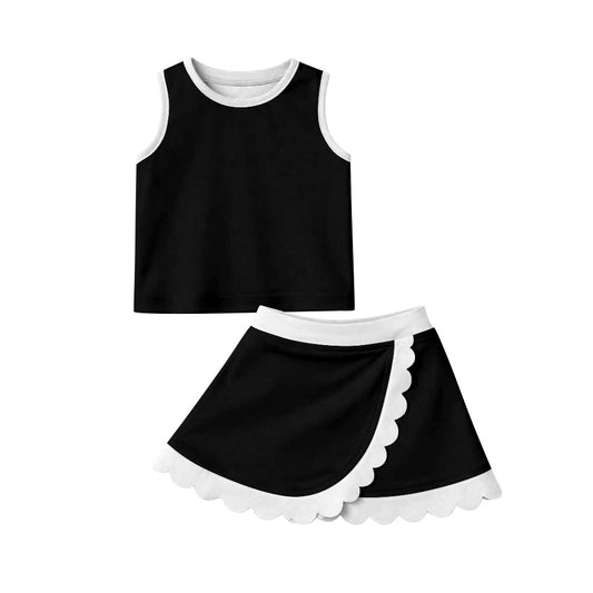 ( Moq 5 ) Preorder Baby Girls Kids Black Tops Scallop Skirt Shorts Yoga Active Set Clothes