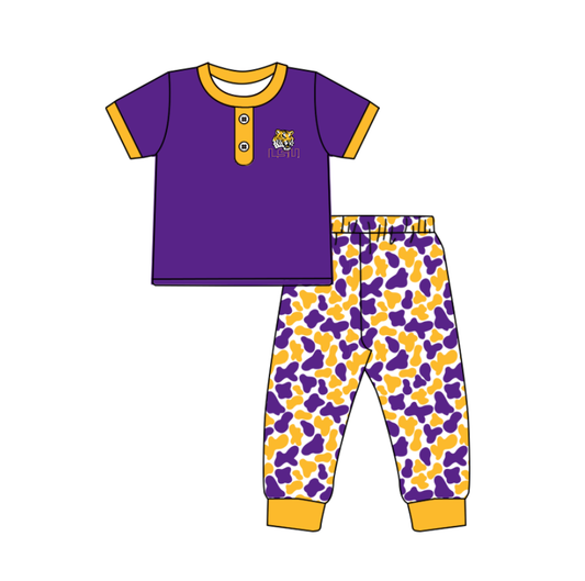 ( Moq 5 ) Baby Boys Purple Short Sleeves Tiger Buttons Shirt Camo Pants Team Clothes Set