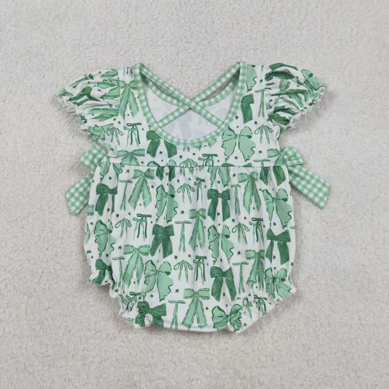 Sibling Baby Girls Kids Short Sleeves Green Bows St Patrick Romper Dress RTS