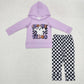 Baby Girl Halloween Spooky Hoodie Purple Tops Checked Pants Set