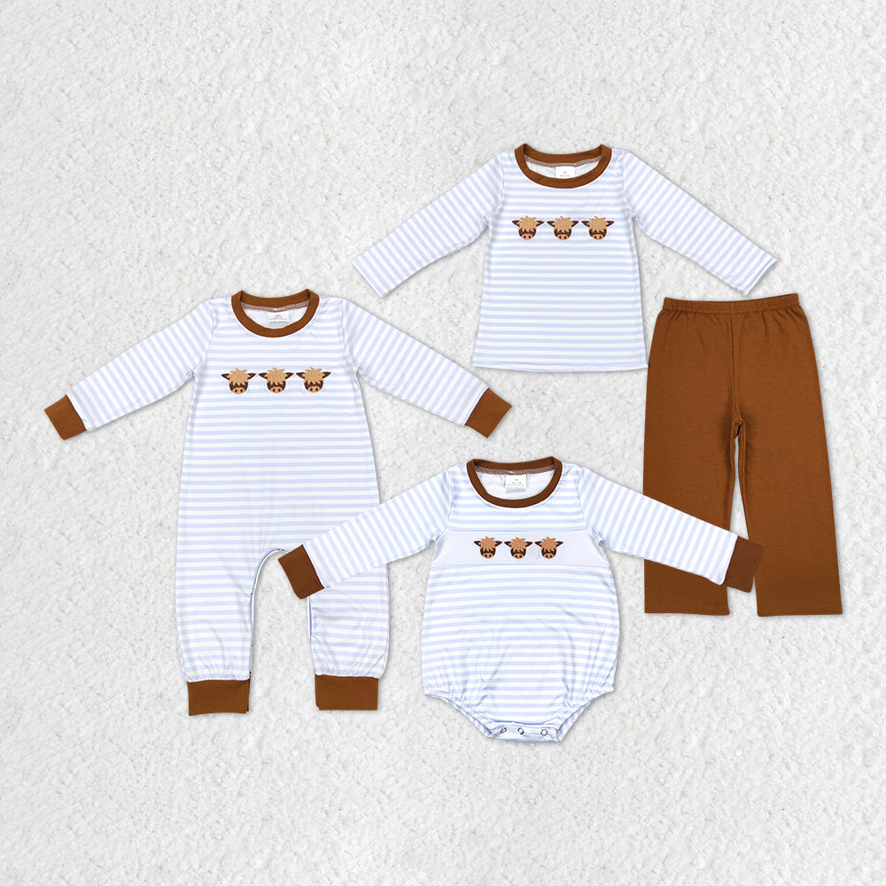 Sibling Baby Boys Kids Long Sleeves Embroidery Cows Stripes Western Romper Set RTS